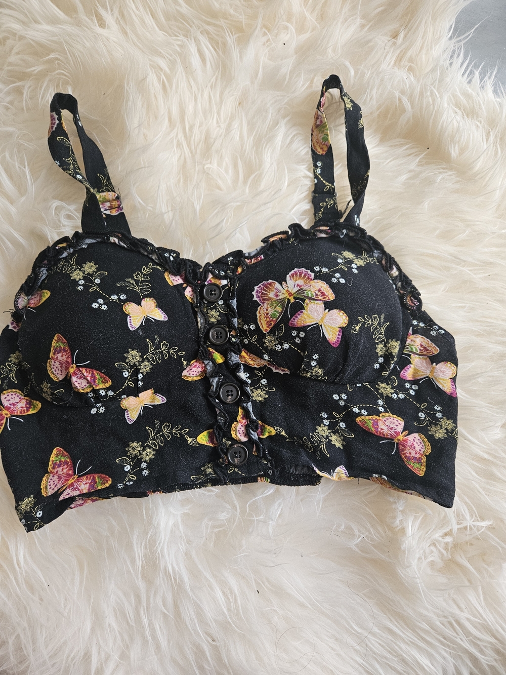 Black Butterfly-Print Button-Front Crop Camisole